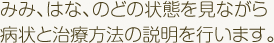 みみ、はな、のどの状態を見ながら病状と治療方法の説明を行います。